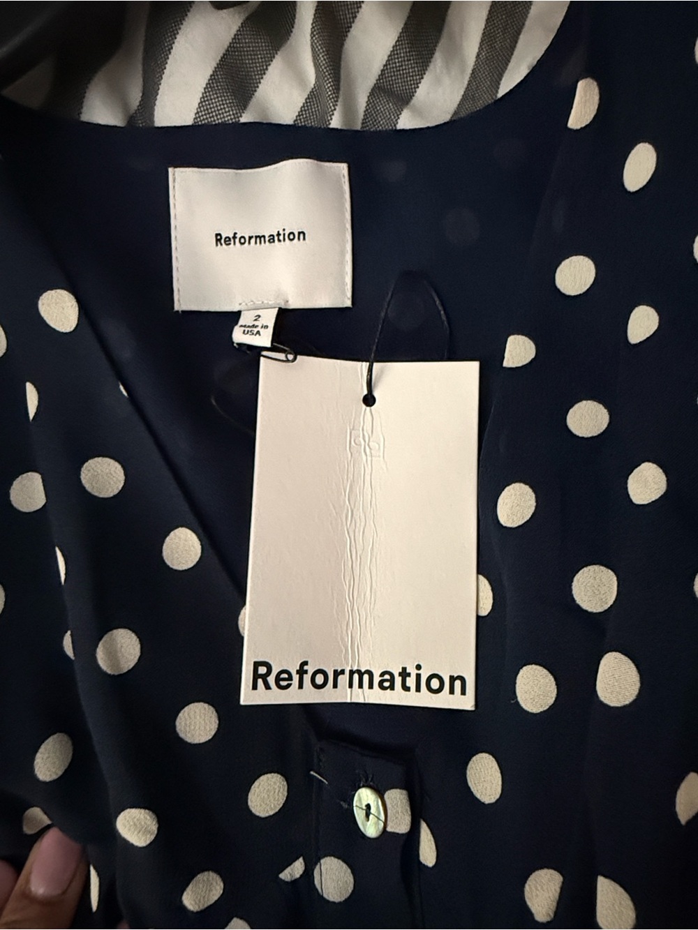 NWT! Reformation Lise Navy Polka Dot Button-Front Midi Dress - Picture 7 of 7